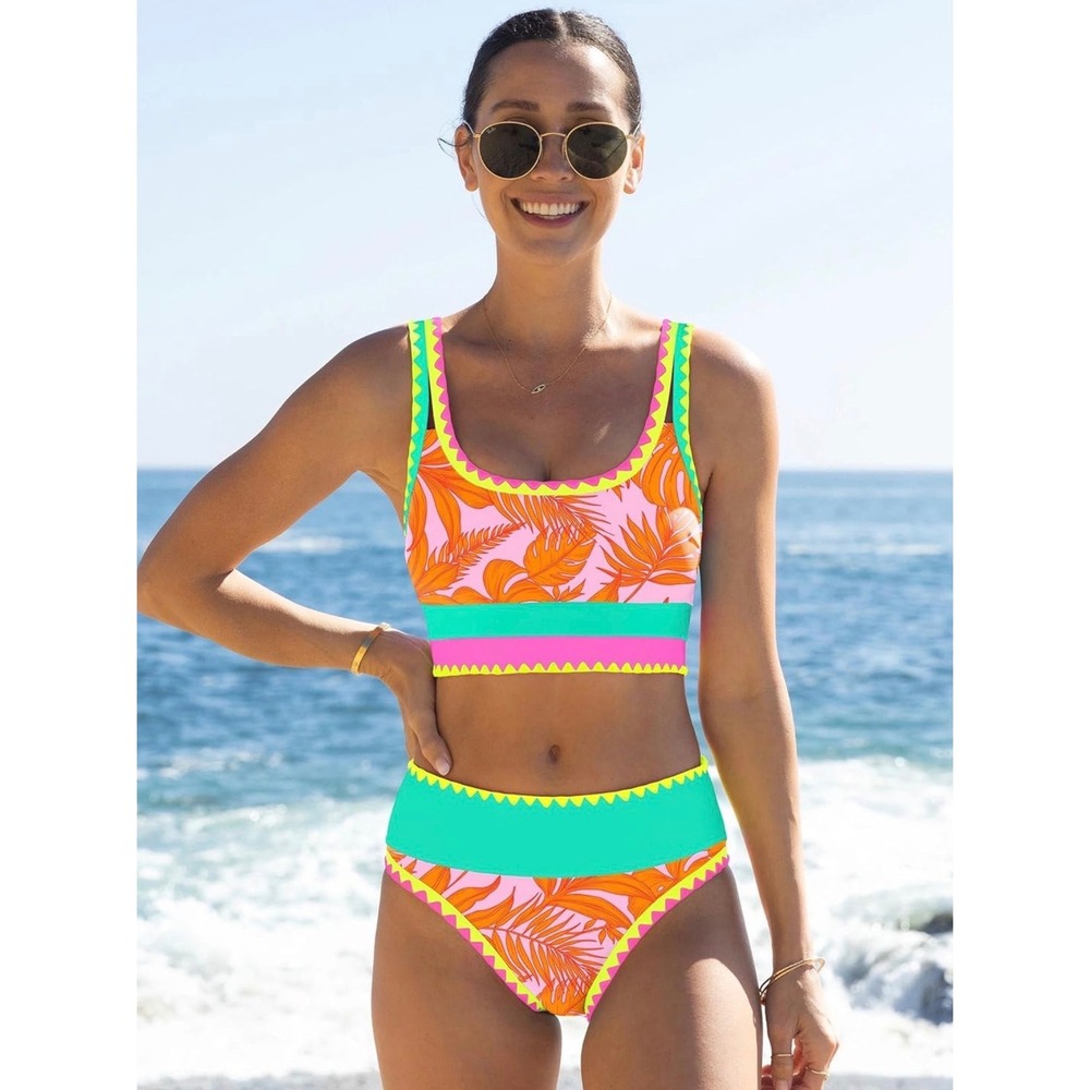 NWT Popvil Neon Orange Tropical 3 Piece Bikini Set High Waist W/ Skirt Medium - Picture 3 of 7